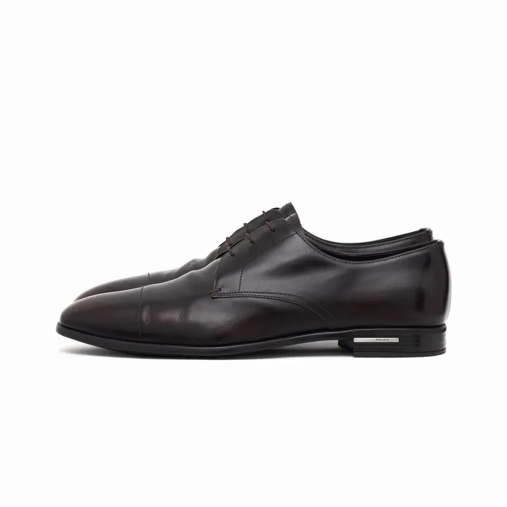 Prada Men's Brushed Leather Cap Toe Laced Up Oxford Dress Shoes Brown UK9 US10